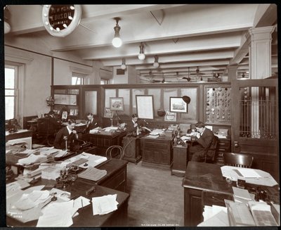 Interior view of men using dictating machines at the New York Edison Co. at 55 Duane Street, New York, 1905 by Byron Company